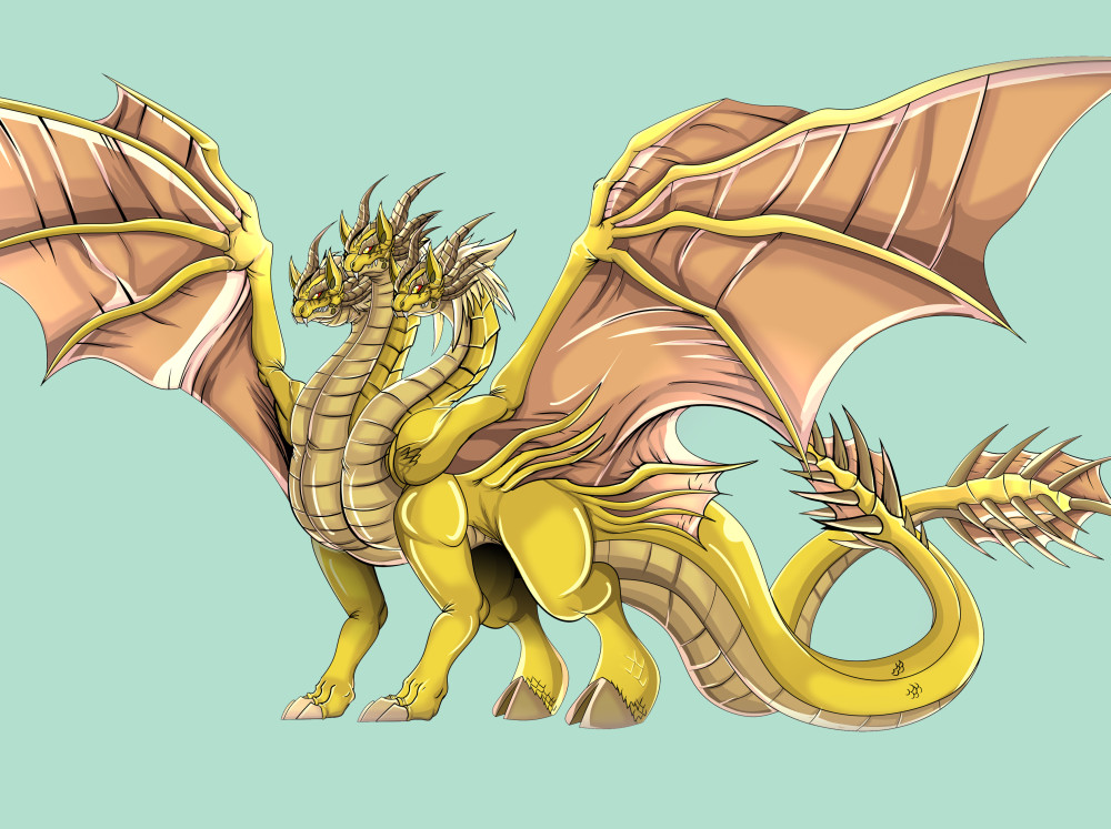 黄金三头龙—基多拉,原本就与巨龙有着非常相似的外表,所以龙化形象