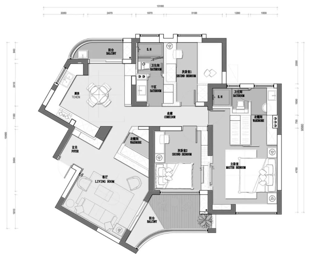 玄關牆背面的廚房空間也得到拓展:檯面變長,雙開門冰箱恰好嵌入到