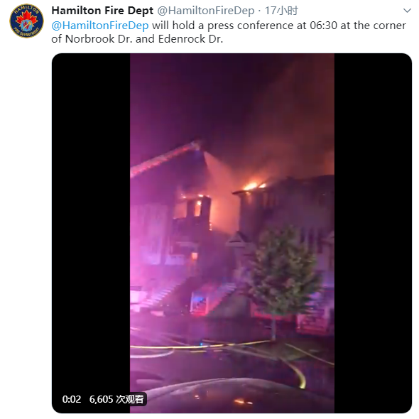 加拿大_社会|加拿大哈密尔顿市居民区发生大火 11栋联排别墅被烧毁