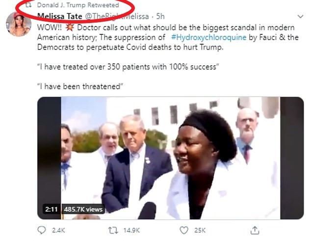 特朗普|特朗普一晚疯狂发文数次力挺抗疟疾药，随后就因虚假违规被推特删帖