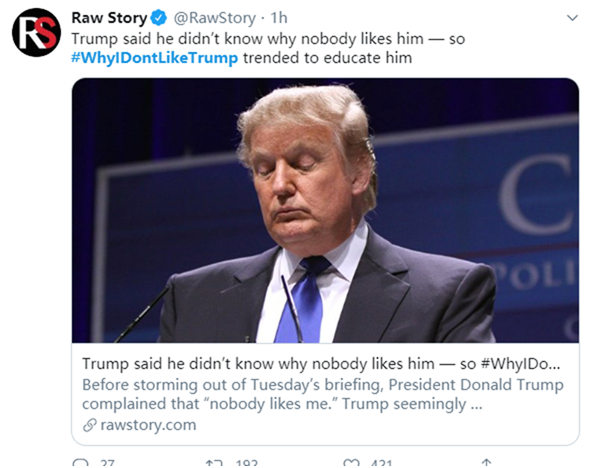 特朗普|特朗普刚说“没人喜欢我”，“我为啥不喜欢特朗普”就登上热搜第一