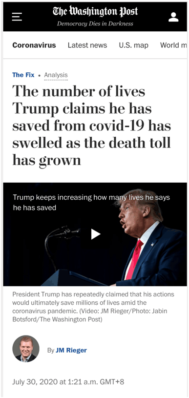 特朗普|美媒刊文讽刺：随着死亡人数增加，特朗普称他从疫情中挽救的生命数也在增加