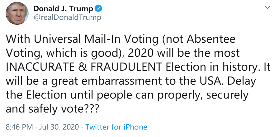 美国总统大选|特朗普建议推迟总统大选？美媒：这是他首次提出推迟的想法