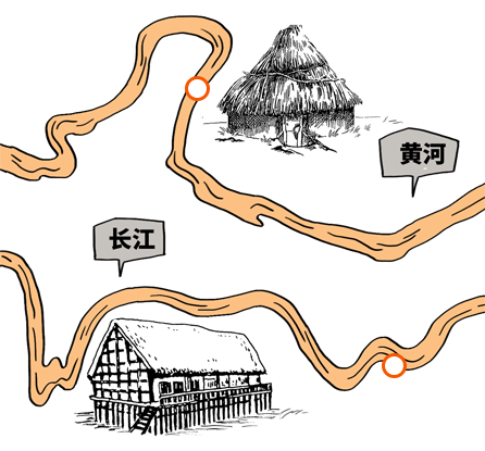 长江流域河姆渡遗址出现干栏式建筑黄河流域半坡遗址出现了半地穴式