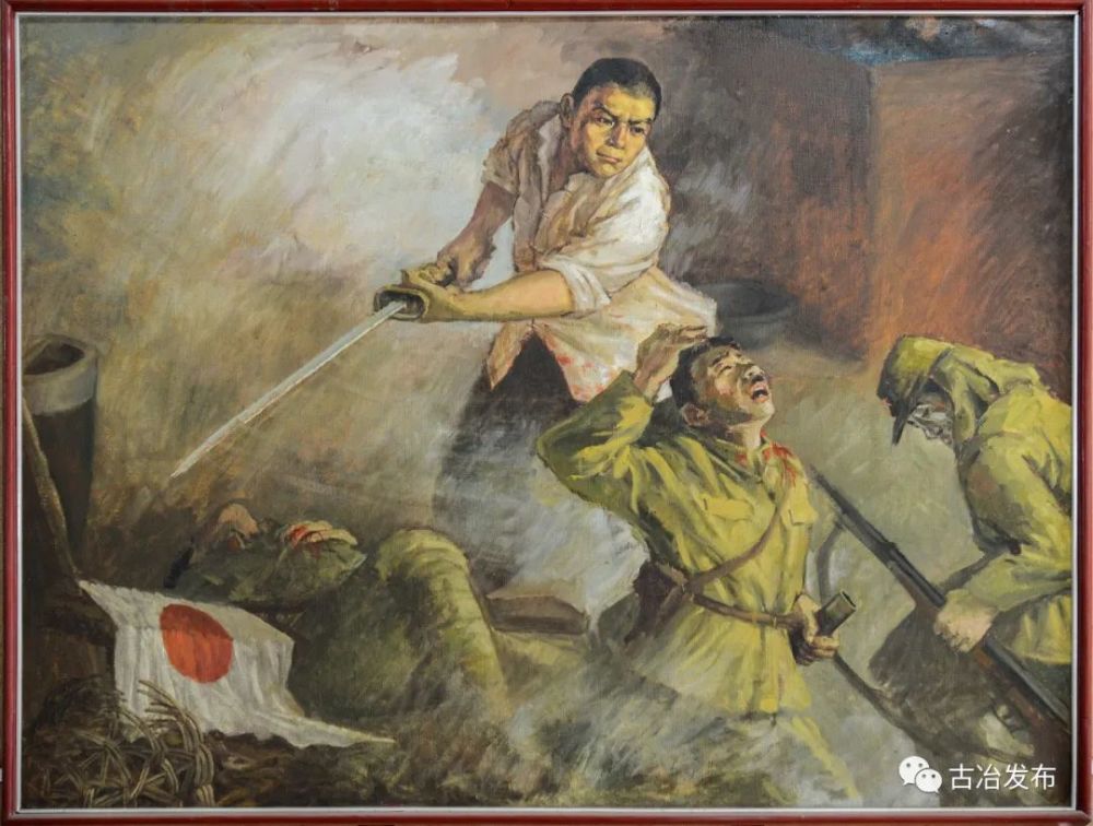 馆内展品——节振国刀劈鬼子兵(油画)向少先队员介绍节振国烈士的革命