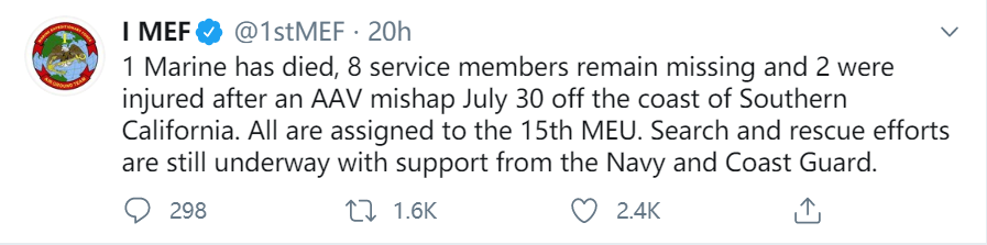 美海军|美海军两栖突击车训练时沉海，1人死亡8人失踪