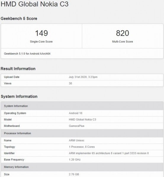 诺基亚C3现身Geekbench：配合3GB的内存，运行安卓10系统