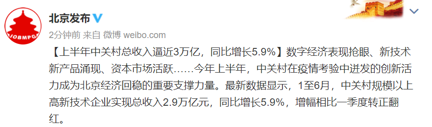 北京中关村上半年总收入接近3万亿元