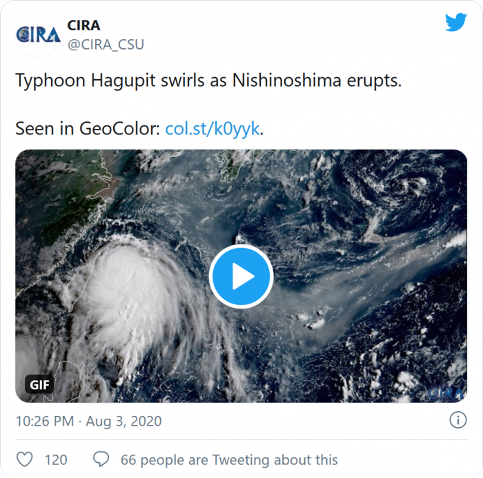 卫星|日本卫星捕捉到台风旋转与火山喷发同框罕见画面