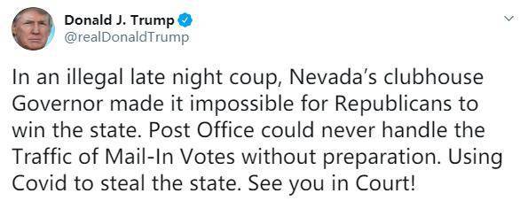 特朗普|特朗普再次吐槽邮寄选票 抨击内华达州：搞非法政变！法庭见！