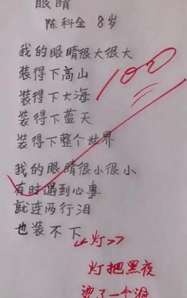 8岁小朋友以 眼睛 为题写诗 老师感动不已 这实力应该满分 孩子