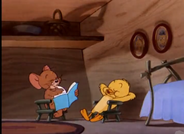 猫和老鼠杰瑞看着书的时候就觉得不对劲儿了汤姆肯定在外面我去看看