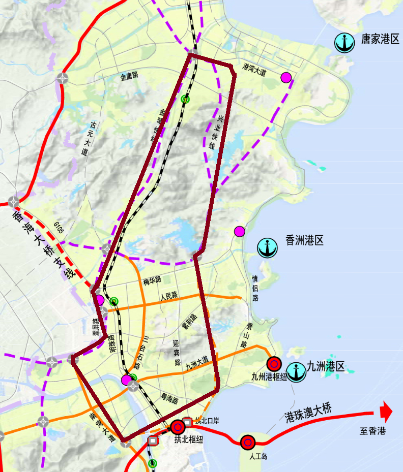 自北向南逆时针顺序,依次是金琴快线——南湾大道——昌盛路——兴业