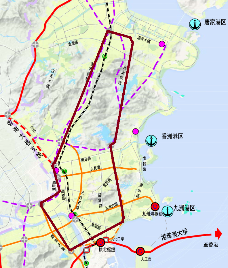 自北向南逆時針順序,依次是金琴快線——南灣大道——昌盛路——興業