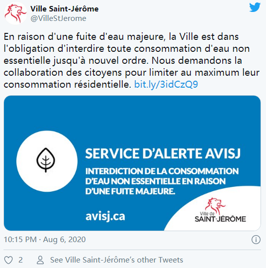 加拿大_社会|加拿大一小城供水主管道爆裂 全城禁止非必要用水