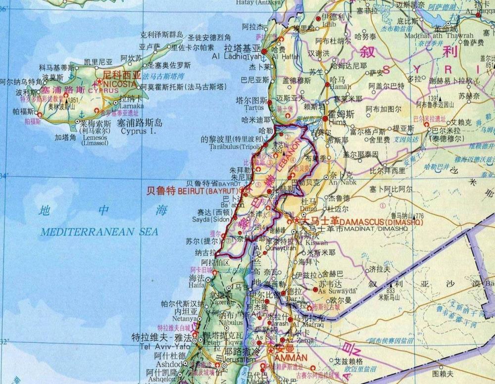 黎巴嫩地理位置图我们先来看看黎巴嫩的地理位置,从绝对位置来看