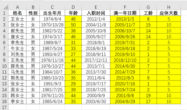 员工信息表,年龄,满一年日期,工龄和应休天数,一次全搞定,从此不发愁!