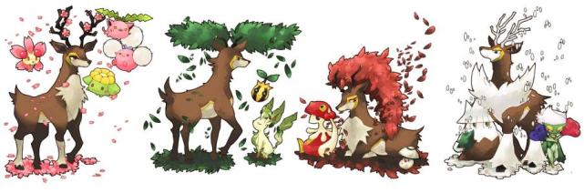 四季鹿,季节宝可梦,四季鹿的进化型是萌芽鹿,它们都会根据季节来转换