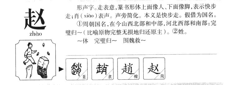 隸變後楷書寫作趙.漢字簡化後寫作趙.趙的本義為急走,跳躍.