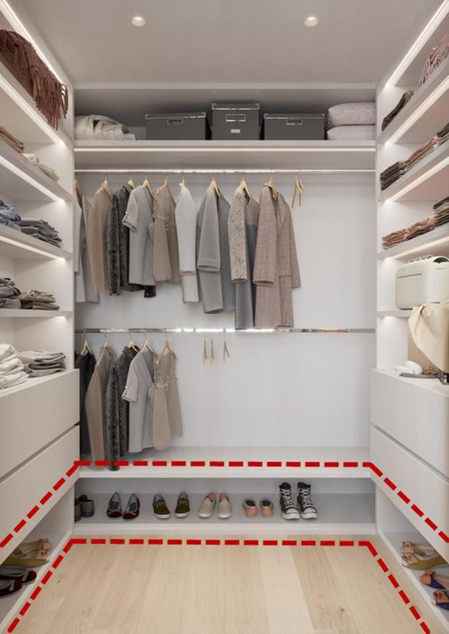 衣帽间不要一排柜子装到底了,直接留空一排,摆几十双鞋整整齐齐