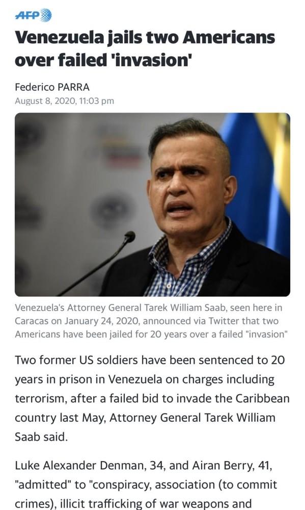 委内瑞拉_时政|法新社：委内瑞拉以恐怖主义等罪名判处2名前美国士兵20年监禁
