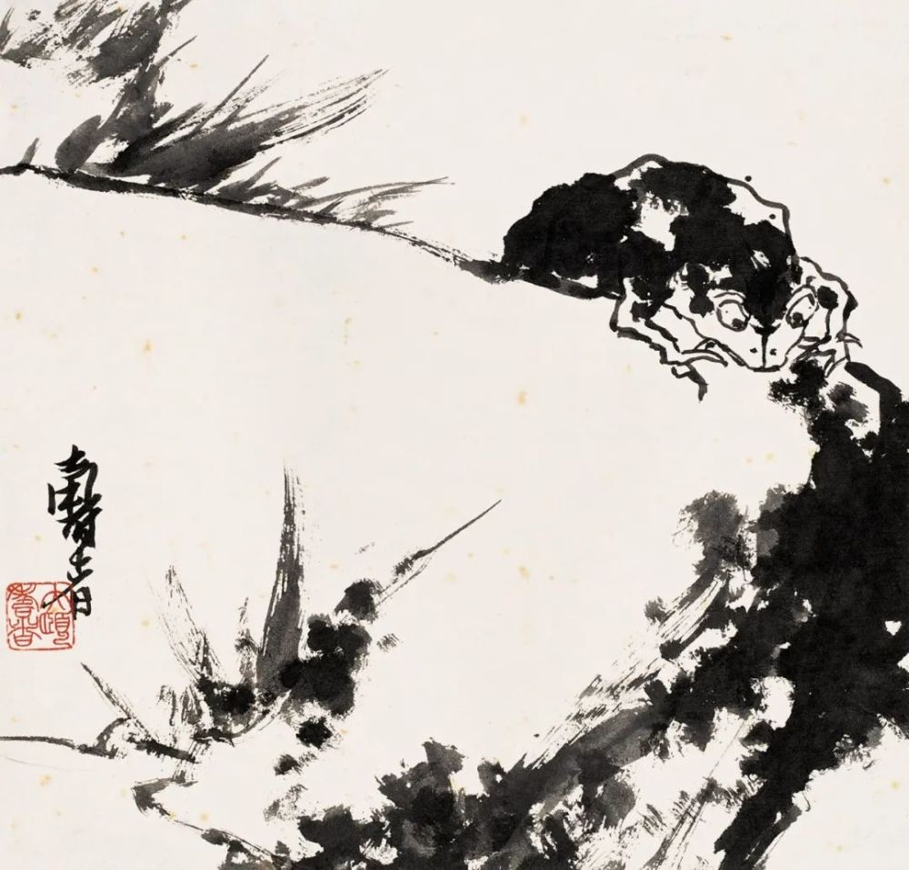 潘天寿《蛙石图》43cm × 41cm  纸本水墨 年代不详赏析:画中一蟾蜍