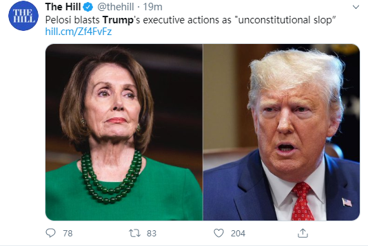 特朗普|特朗普绕过国会签行政令纾困 南希·佩洛西强硬回应：违宪