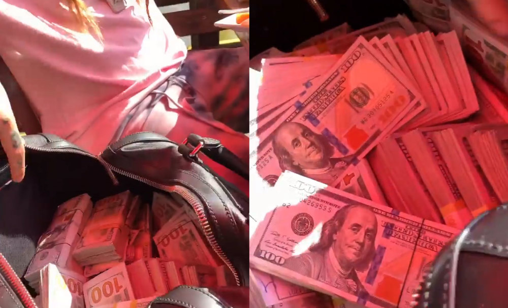 美国24岁嘻哈歌手炫富升级街头要女友喂美金装满包反复强调是真钞