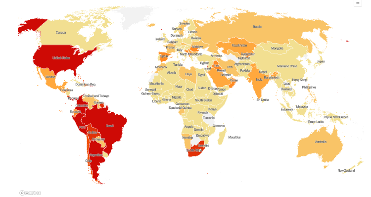 《纽约时报》数据显示,疫情"热点"地区集中在北美洲,南美洲,非洲.