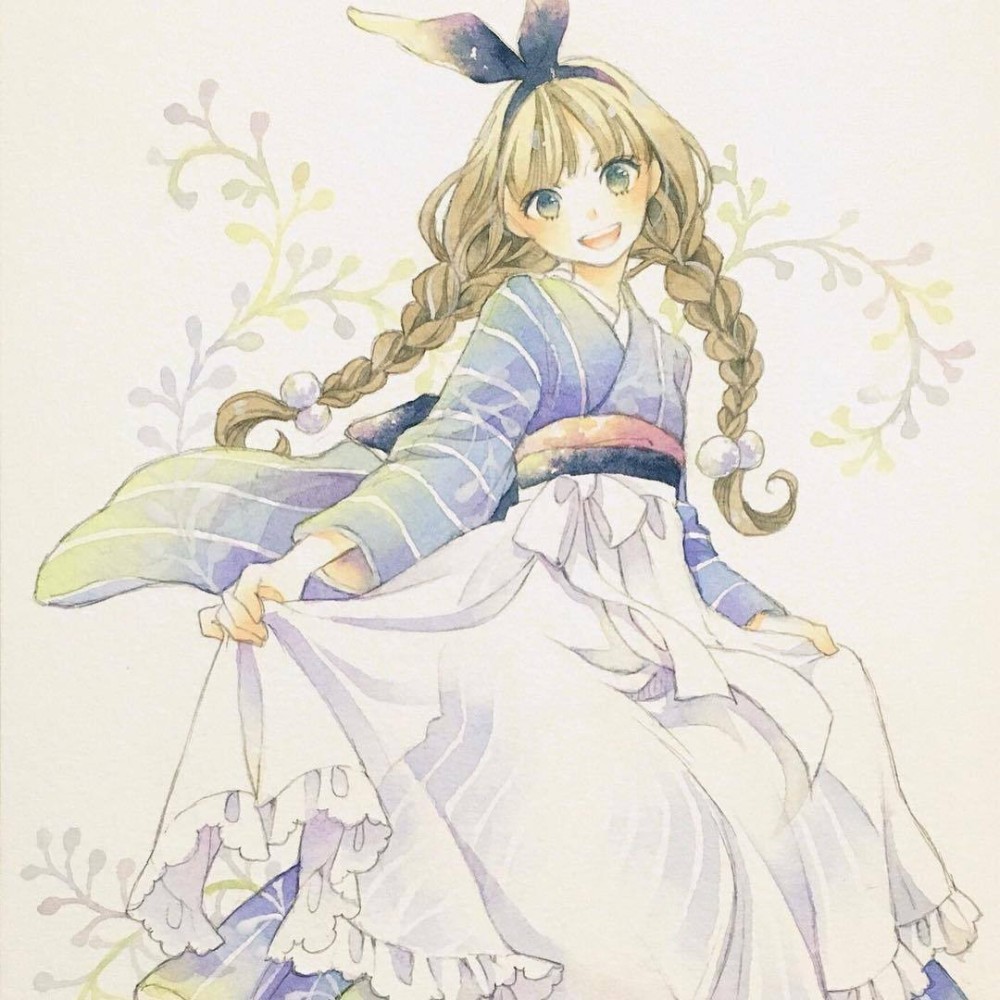 温婉美丽的和风少女水彩插画各种造型无不俏美可人生动多姿