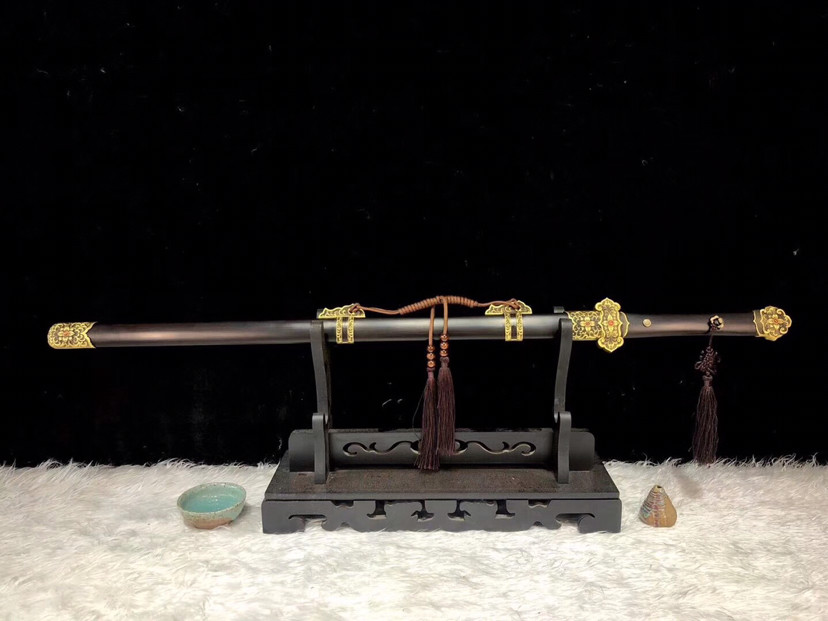 黑檀木|草花唐横刀，百炼花纹钢多道精磨