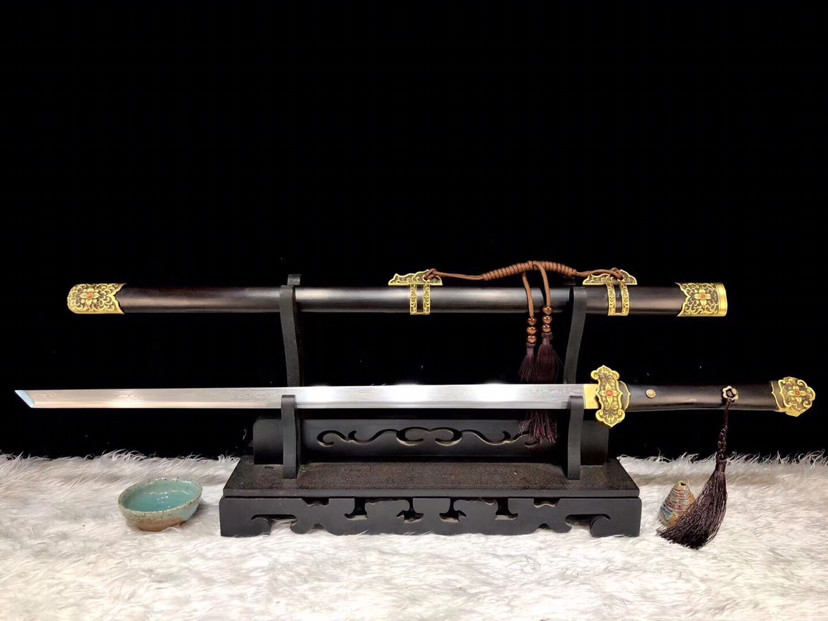 黑檀木|草花唐横刀，百炼花纹钢多道精磨