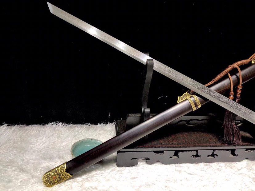 黑檀木|草花唐横刀，百炼花纹钢多道精磨