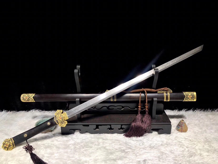 黑檀木|草花唐横刀，百炼花纹钢多道精磨