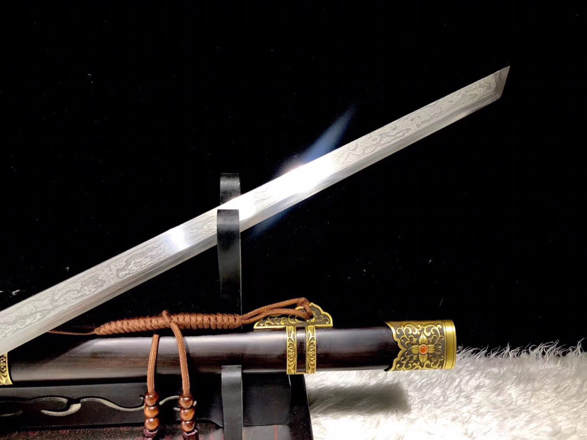 黑檀木|草花唐横刀，百炼花纹钢多道精磨