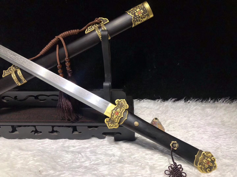 黑檀木|草花唐横刀，百炼花纹钢多道精磨