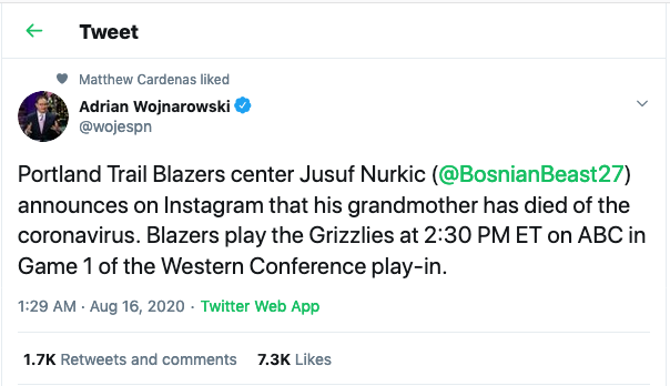 努尔基奇|硬汉！重伤16个月刚复出 至亲又感染新冠去世 他强忍悲痛首发出场