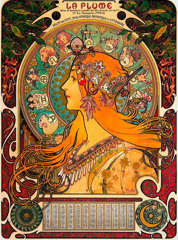 穆夏海报时期的代表作之一《黄道12宫》《四朵花系列》从左到右依次为