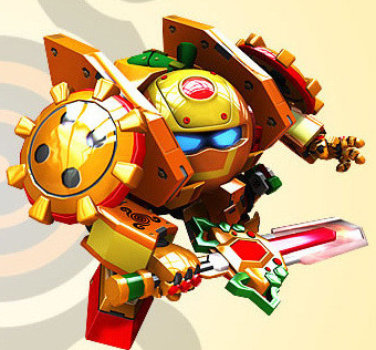 他手里拿的是圣道之剑——圣道剑,果宝机甲是香橙战宝,绝招是天外飞仙