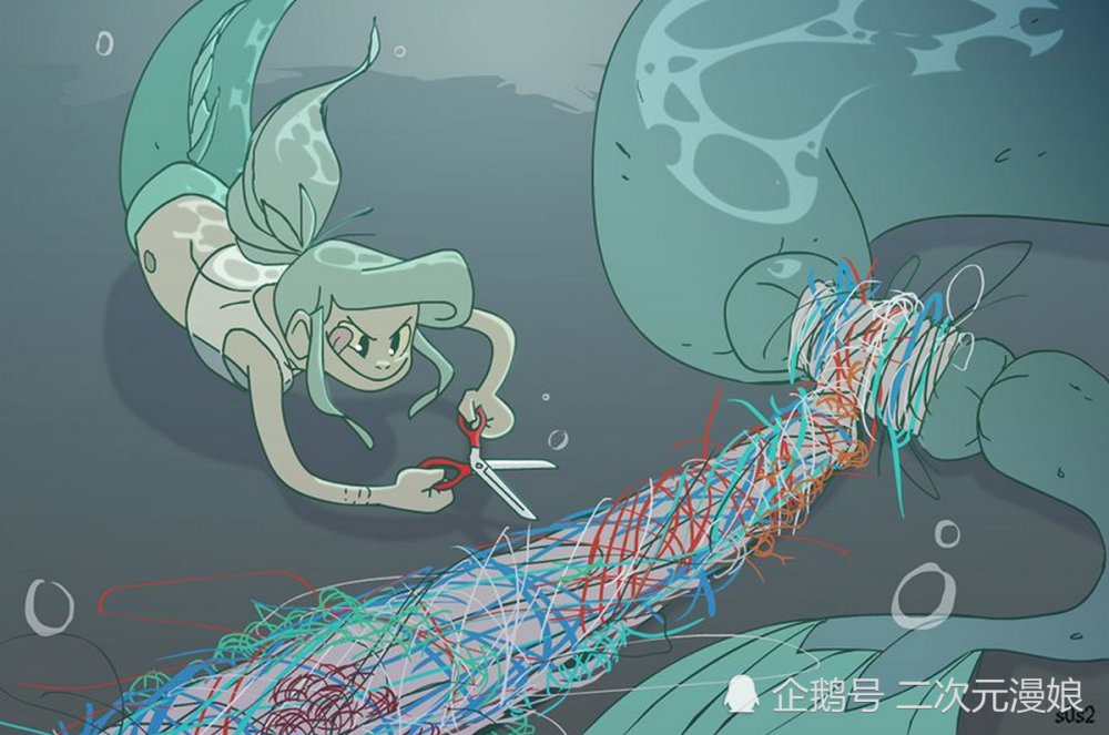 搞笑胖爷爷尾巴被缠住美人鱼借来剪刀帮他脱困可还是无济于事
