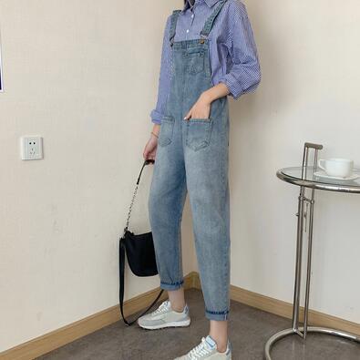 look3:韓版牛仔揹帶少女寬鬆闊腿九分揹帶褲