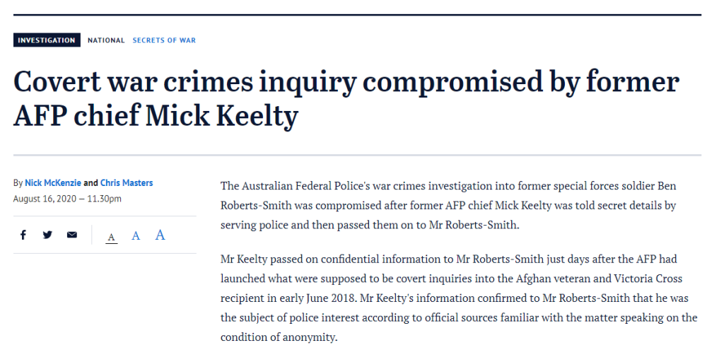本·罗伯茨-史密斯|澳洲军人战争罪调查遭破坏：前警察局长竟向其“通风报信”