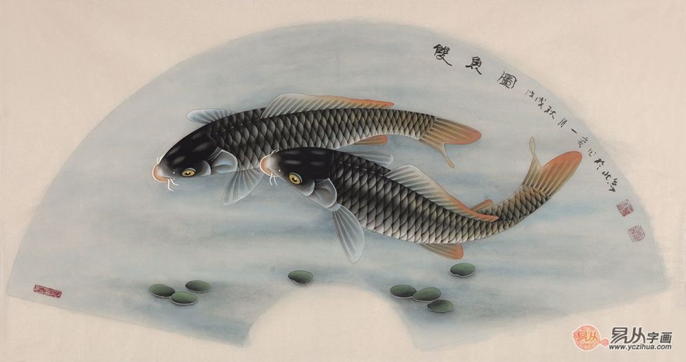 工笔重彩传人王一容工笔花鸟画《双鱼图》(作品选自:易从网)