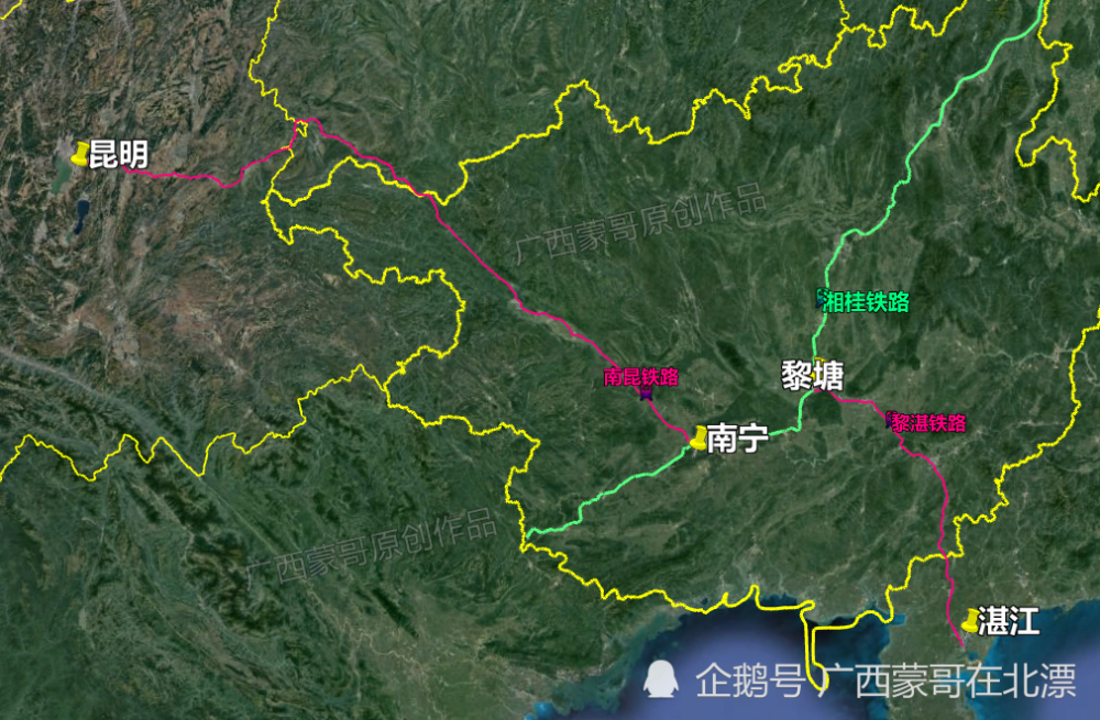 卫星图解广西的西南出海大通道通过铁路如何实现