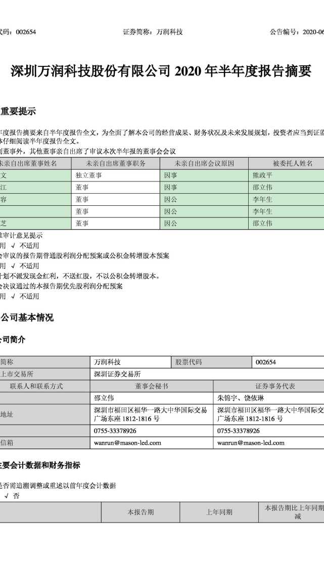 万润科技 2020年半年度报告摘要 万润科技