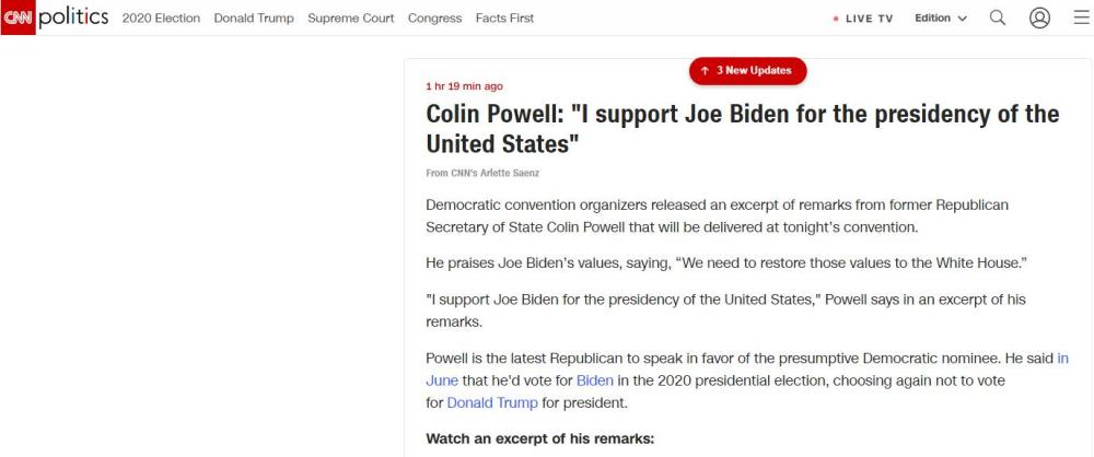 科林·鲍威尔|美国前国务卿鲍威尔：我支持乔·拜登竞选美国总统
