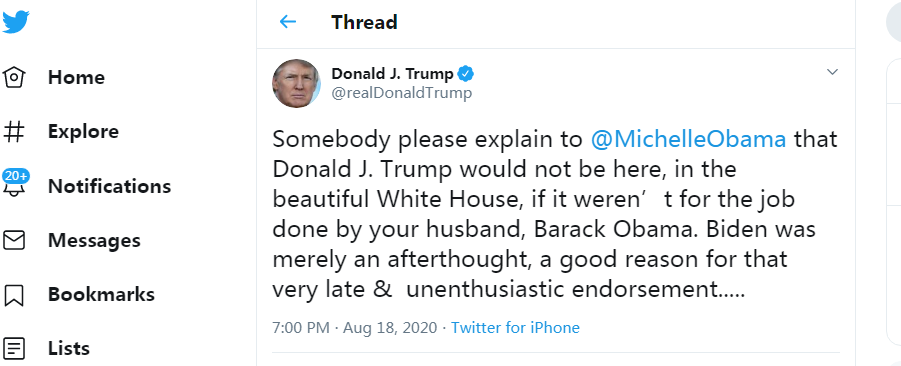 唐纳德·特朗普|撕起来了！特朗普疯狂发推回击奥巴马妻子的炮轰：你丈夫“叛国”