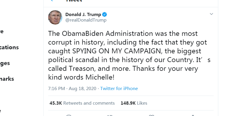 唐纳德·特朗普|撕起来了！特朗普疯狂发推回击奥巴马妻子的炮轰：你丈夫“叛国”