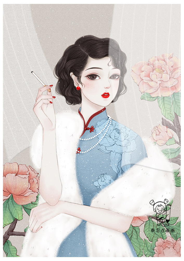 复古手绘优雅的旗袍女子