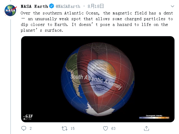nasa|NASA发现地磁场表面异常“凹痕”！科学家尚不确定这是否代表着世界末日